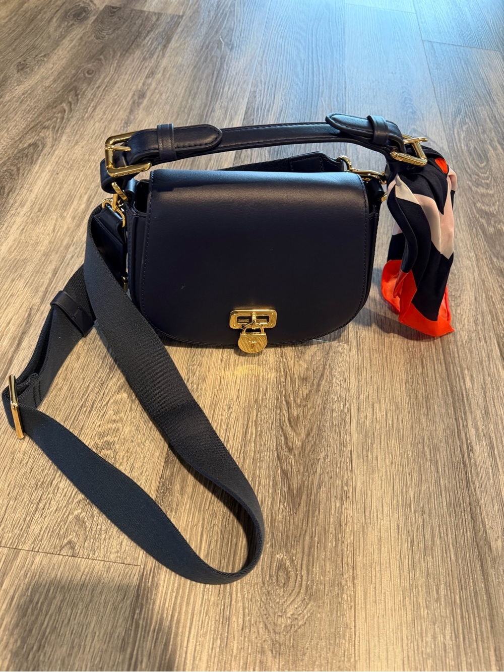 Lauren Ralph Lauren Navy Leather Crossbody with Gold Hardware and Scarf Accent